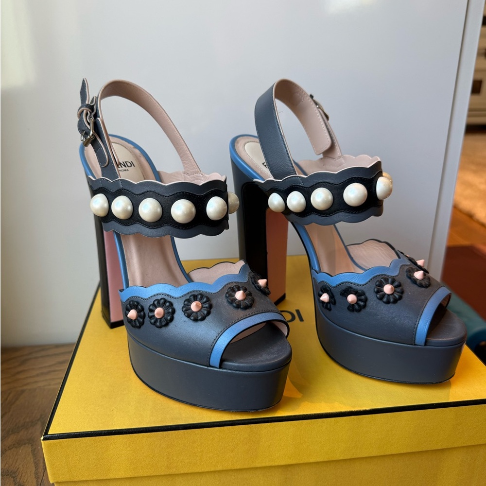Fendi Womens Blue Platform Heeled Sandals with Pearl Trim
